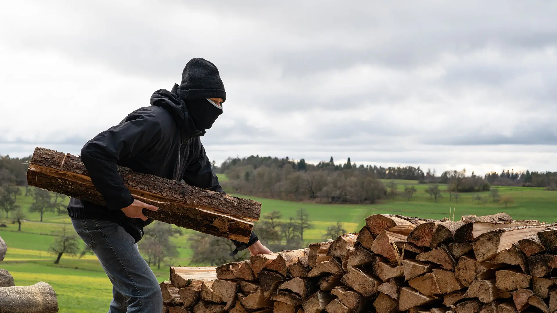 Ein vermummter Mensch stiehlt Holz von einem Stapel