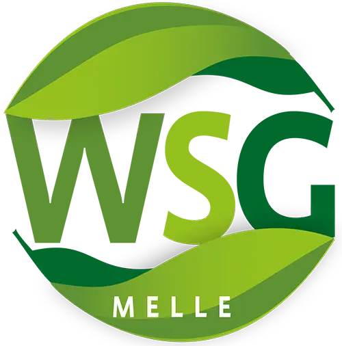 Logo mit Schrift WSG Melle - zeigt zwei Blätter, die die Buchstaben WSG von oben und unten umschließen "behüten und dadurch einen Kreis bilden